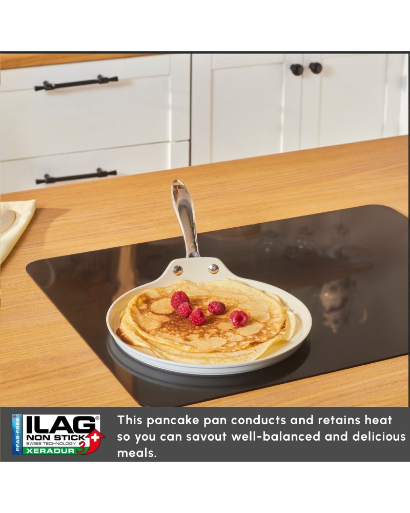 Karaca Swiss Crystal Almond Cream Non-Stick Induction Stainless Steel Handle Pancake Pan, 28cm, Cream