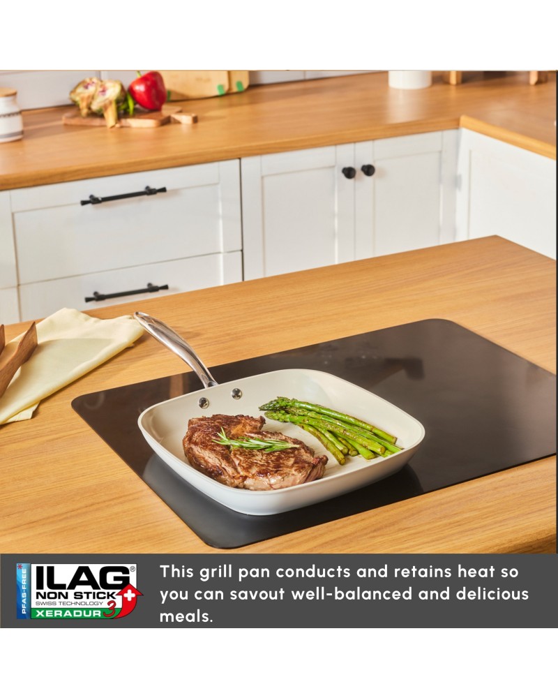 Karaca Swiss Crystal Almond Cream Non-Stick Induction Stainless Steel Handle Grill, 28cm, Cream
