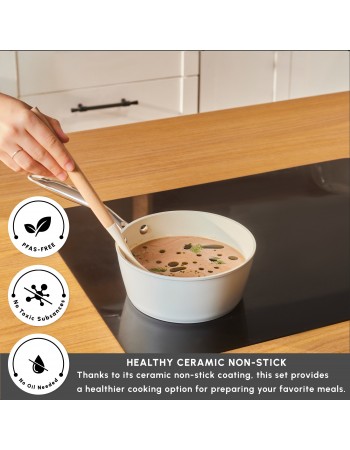 Karaca Swiss Crystal Almond Cream Non-Stick Induction Stainless Steel Handle Sauce Pan, 18cm, Cream