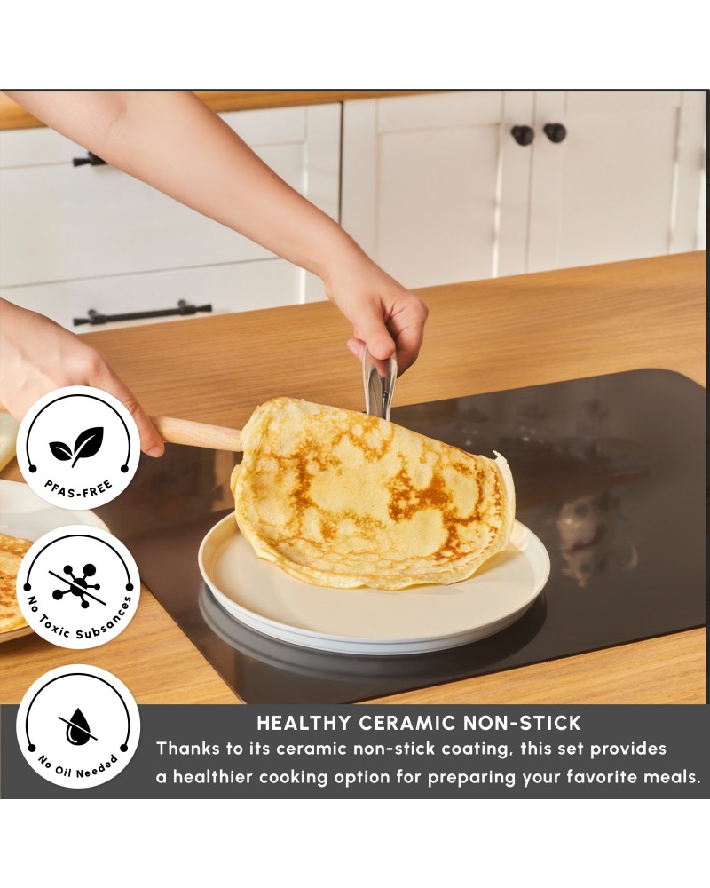 Karaca Swiss Crystal Almond Cream Non-Stick Induction Stainless Steel Handle Pancake Pan, 25cm, Cream