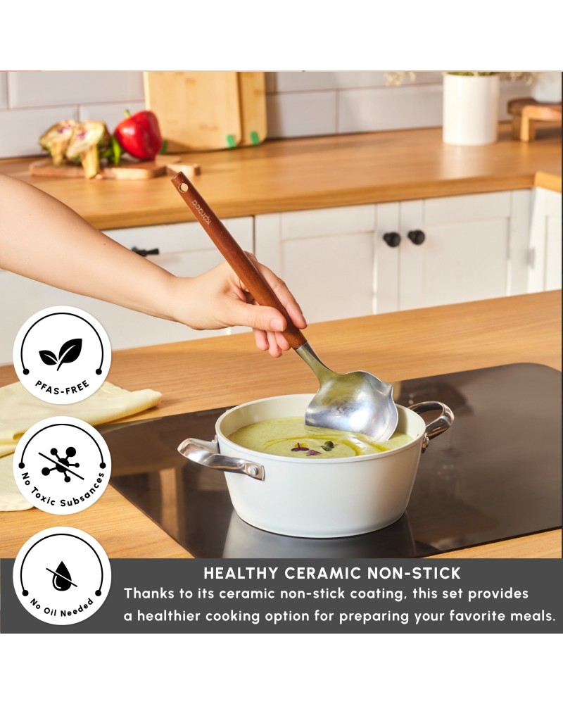 Karaca Swiss Crystal Almond Cream Non-Stick Induction Stainless Steel Handle Casserole & Lid, 18cm, Cream