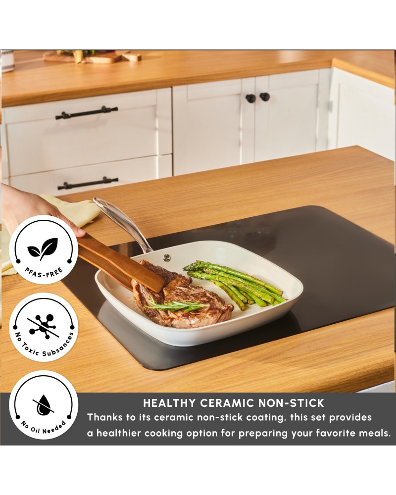 Karaca Swiss Crystal Almond Cream Non-Stick Induction Stainless Steel Handle Grill, 28cm, Cream