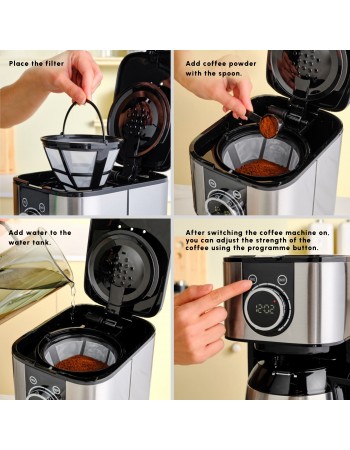 Karaca Series 2303 Steel Filter Coffee Machine, 1.2L, 800W, Inox