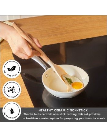 Karaca Swiss Crystal Almond Cream Non-Stick Induction Stainless Steel Handle Pan, 16cm, Cream