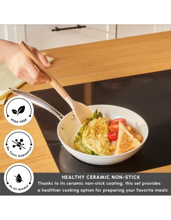 Karaca Swiss Crystal Almond Cream Non-Stick Induction Stainless Steel Handle Pan, 22cm, Cream