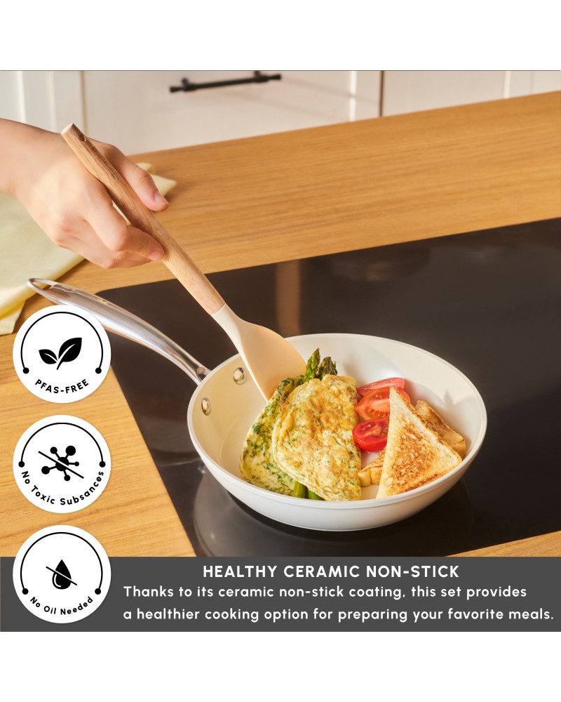 Karaca Swiss Crystal Almond Cream Non-Stick Induction Stainless Steel Handle Pan, 22cm, Cream