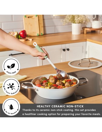 Karaca Swiss Crystal Almond Cream Non-Stick Induction Stainless Steel Handle Shallow Casserole & Lid, 26cm, Cream