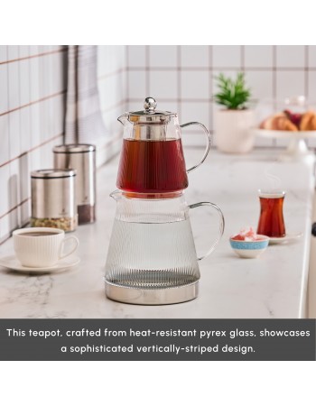 Karaca Keops XL Borosilicate Glass Teapot Set, Silver