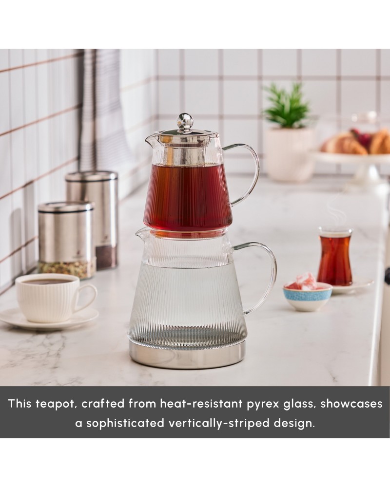 Karaca Keops XL Borosilicate Glass Teapot Set, Silver