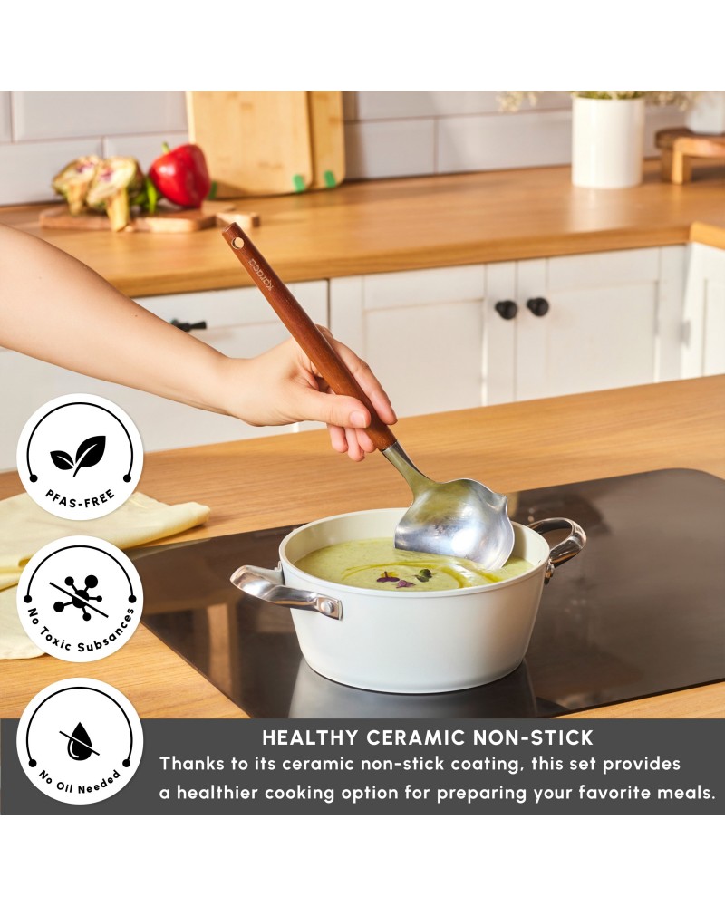 Karaca Swiss Crystal Almond Cream Non-Stick Induction Stainless Steel Handle Casserole & Lid, 20cm, Cream