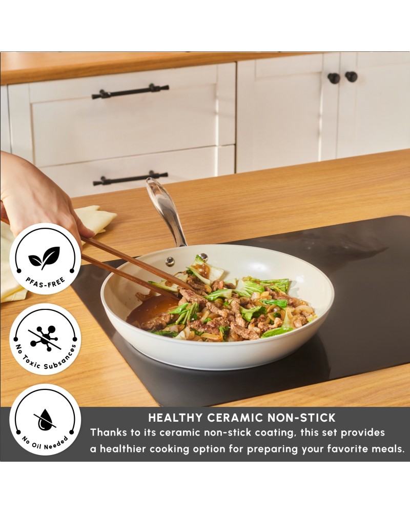 Karaca Swiss Crystal Almond Cream Non-Stick Induction Stainless Steel Handle Pan, 30cm, Cream