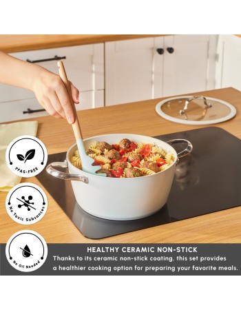 Karaca Swiss Crystal Almond Cream Non-Stick Induction Stainless Steel Handle Casserole & Lid, 24cm, Cream