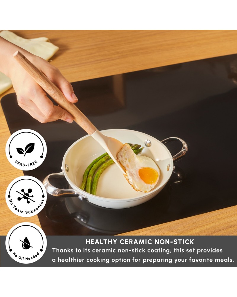 Karaca Swiss Crystal Almond Cream Non-Stick Induction Stainless Steel Handle Shallow Pan, 18cm, Cream