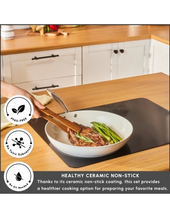 Karaca Swiss Crystal Almond Cream Non-Stick Induction Stainless Steel Handle Pan, 32cm, Cream