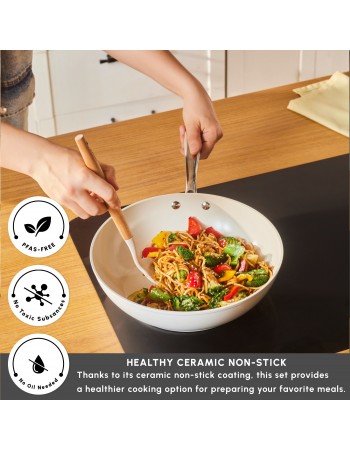 Karaca Swiss Crystal Almond Cream Non-Stick Induction Handle Wok, 28cm, Cream