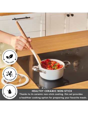 Karaca Swiss Crystal Almond Cream Non-Stick Induction Stainless Steel Handle Casserole & Lid, 14cm, Cream