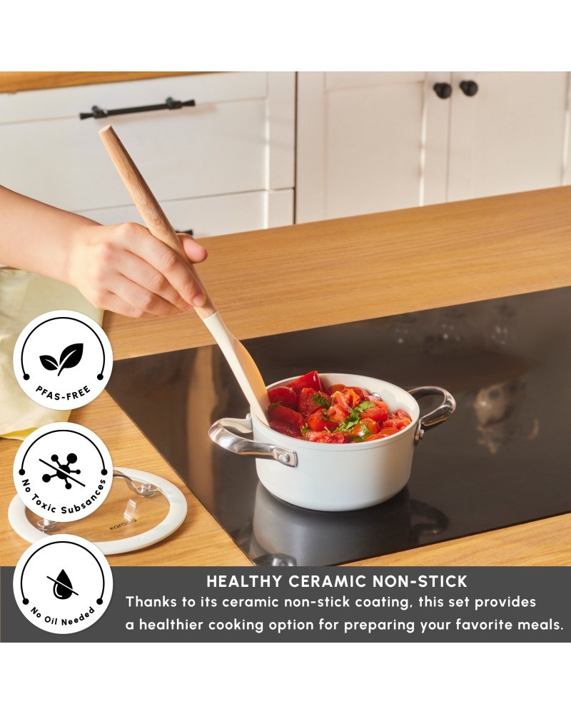 Karaca Swiss Crystal Almond Cream Non-Stick Induction Stainless Steel Handle Casserole & Lid, 14cm, Cream