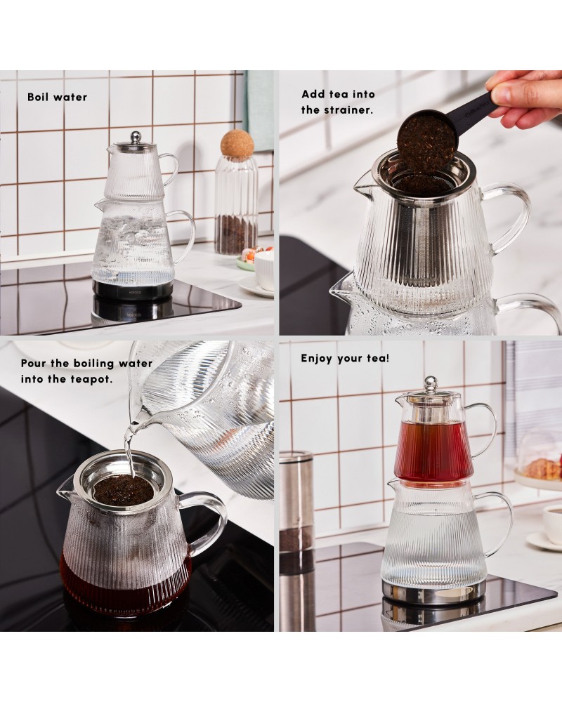 Karaca Keops XL Borosilicate Glass Teapot Set, Silver