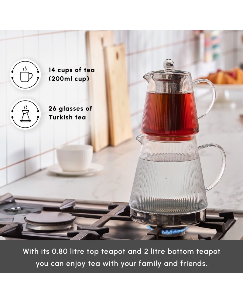 Karaca Keops XL Borosilicate Glass Teapot Set, Silver