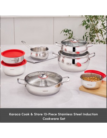 Karaca Cook & Store 13-Piece Stainless Steel Induction Cookware Set, Silver