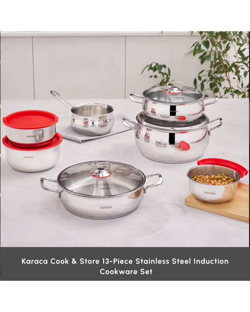 Karaca Cook & Store 13-Piece Stainless Steel Induction Cookware Set, Silver