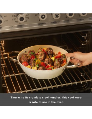 Karaca Swiss Crystal Almond Cream Non-Stick Induction Stainless Steel Handle Casserole & Lid, 18cm, Cream