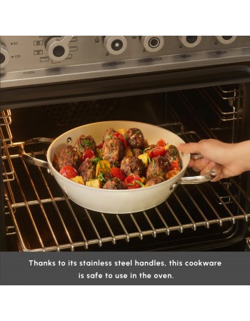 Karaca Swiss Crystal Almond Cream Non-Stick Induction Stainless Steel Handle Casserole & Lid, 14cm, Cream