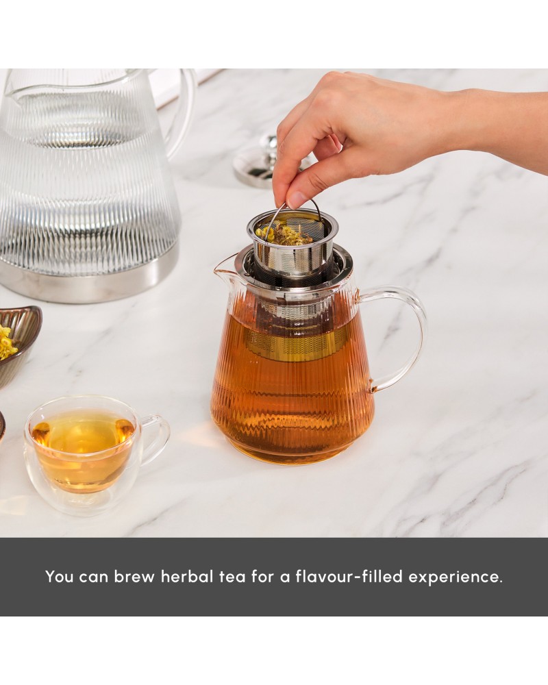 Karaca Keops XL Borosilicate Glass Teapot Set, Silver