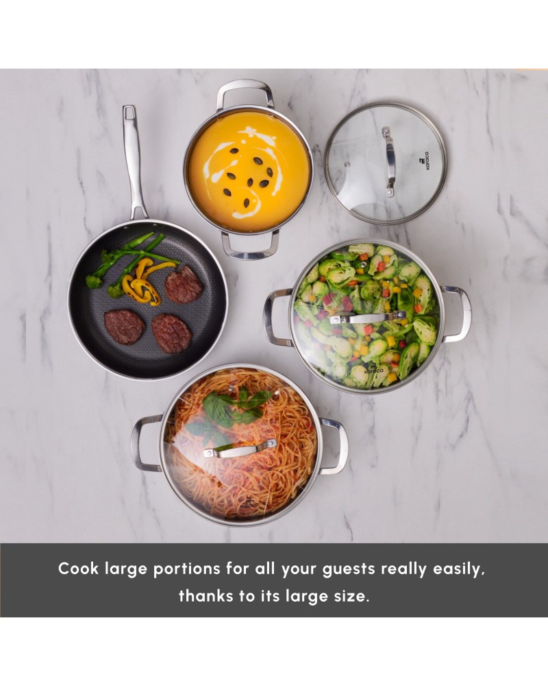 Karaca Ceramica Steel 3Ply Stainless Steel 7-Piece Induction Non-Stick Cookware Set, Silver