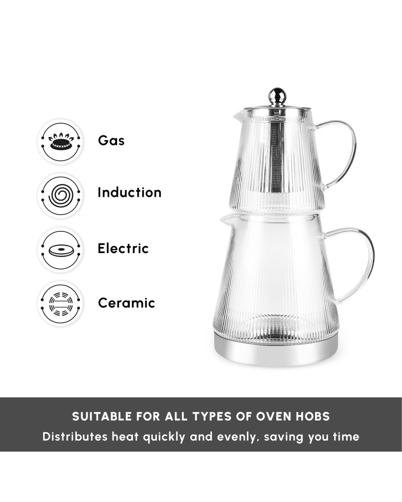 Karaca Keops XL Borosilicate Glass Teapot Set, Silver