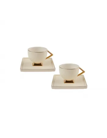 Karaca Art Deco 4 Piece Porcelain Espresso Turkish Coffee Cup Set for 2 People, 90ml, Gold White