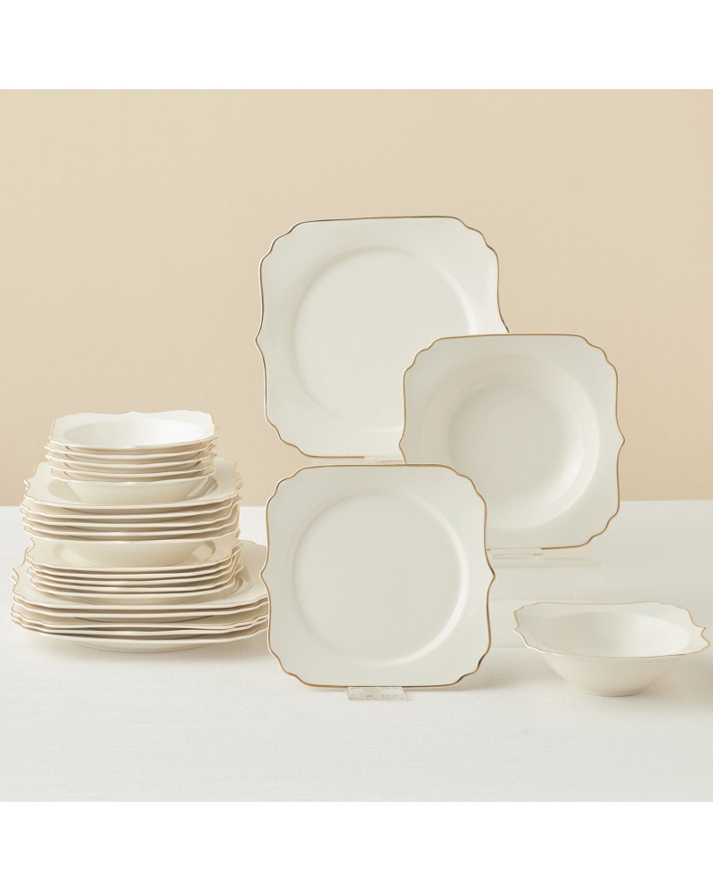 Karaca Stream Bone China Vintage 24-Piece Dinner Set for 6 People, Gold