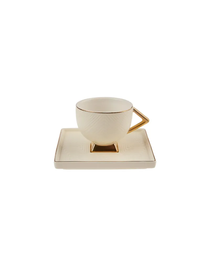 Karaca Art Deco 4 Piece Porcelain Espresso Turkish Coffee Cup Set for 2 People, 90ml, Gold White