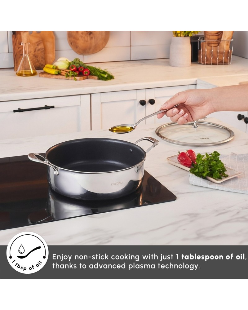 Karaca Plasma Steel 3Ply Non-Stick Induction Shallow Casserole, 30cm, Silver
