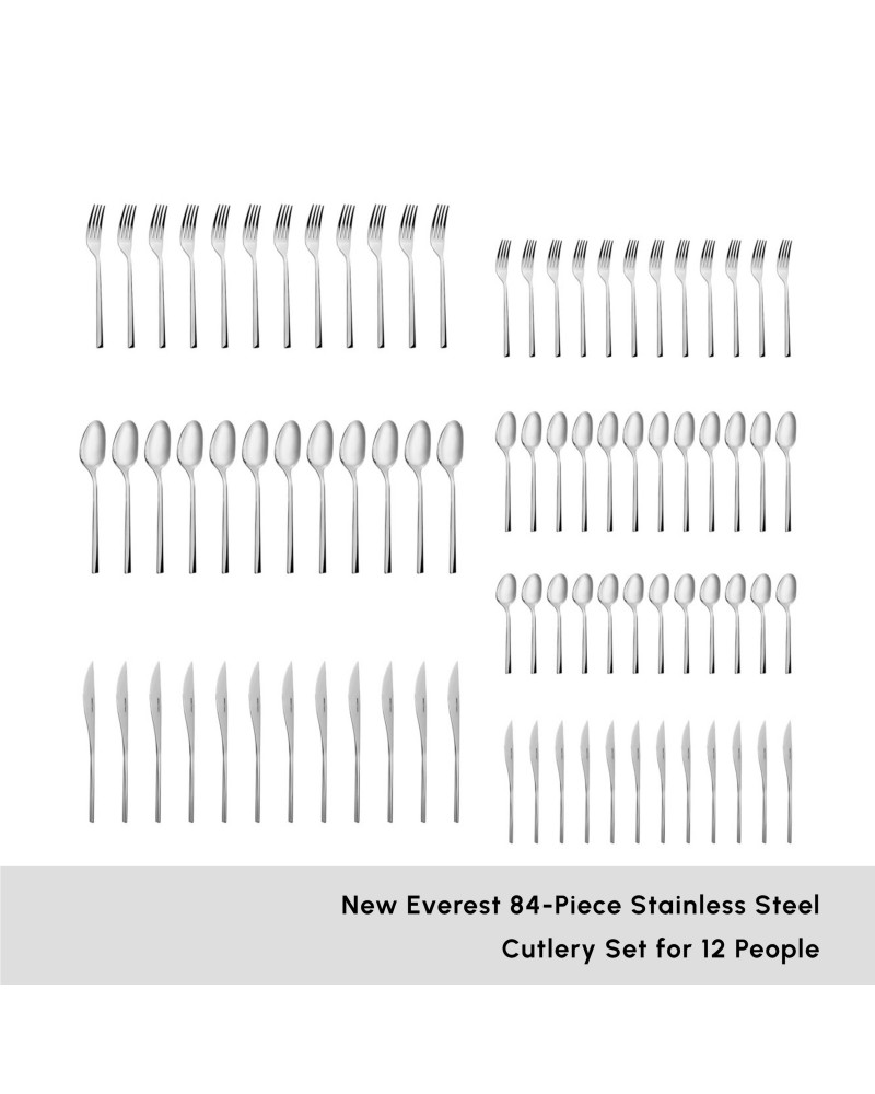 Karaca New Everest 84-Piece Stainless Steel Cutlery Set for 12 People, Silver