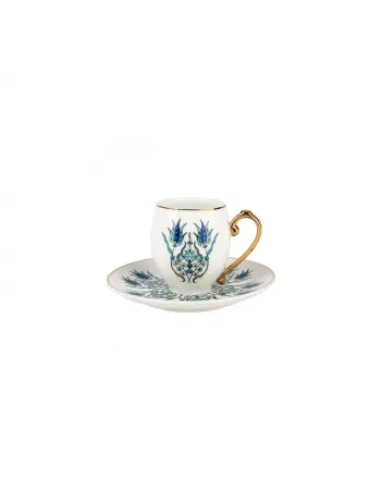 Karaca İznik 4-Piece Porcelain Espresso Turkish Coffee Cup Set for 2 People, 80ml, White Blue Karaca İznik 4-Piece Porcelain Espresso Turkish Coffee Cup Set for 2 People, 80ml, White Blue