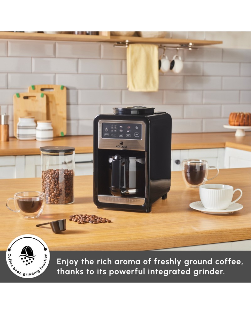 Karaca Grindbrew Pro Filter Coffee Machine with Built-in Grinder, 0,85L, 640W, Inox