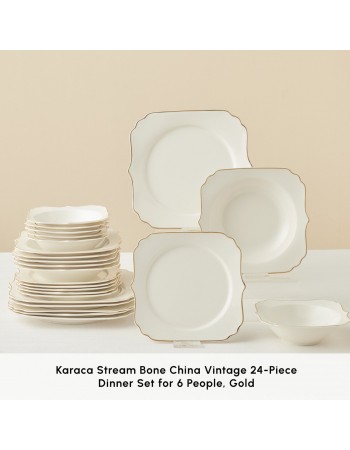 Karaca Stream Bone China Vintage 24-Piece Dinner Set for 6 People, Gold