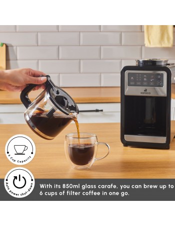 Karaca Grindbrew Pro Filter Coffee Machine with Built-in Grinder, 0,85L, 640W, Inox