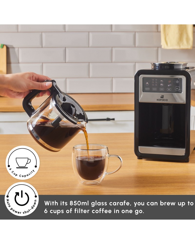 Karaca Grindbrew Pro Filter Coffee Machine with Built-in Grinder, 0,85L, 640W, Inox