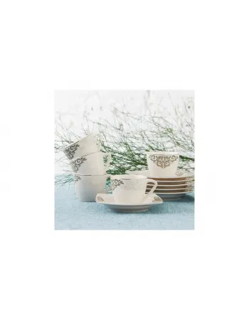 Karaca Nazende 12 Piece Porcelain Espresso Turkish Coffee Cup Set for 6 People, 80ml, White Platinum