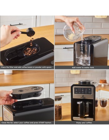 Karaca Grindbrew Pro Filter Coffee Machine with Built-in Grinder, 0,85L, 640W, Inox