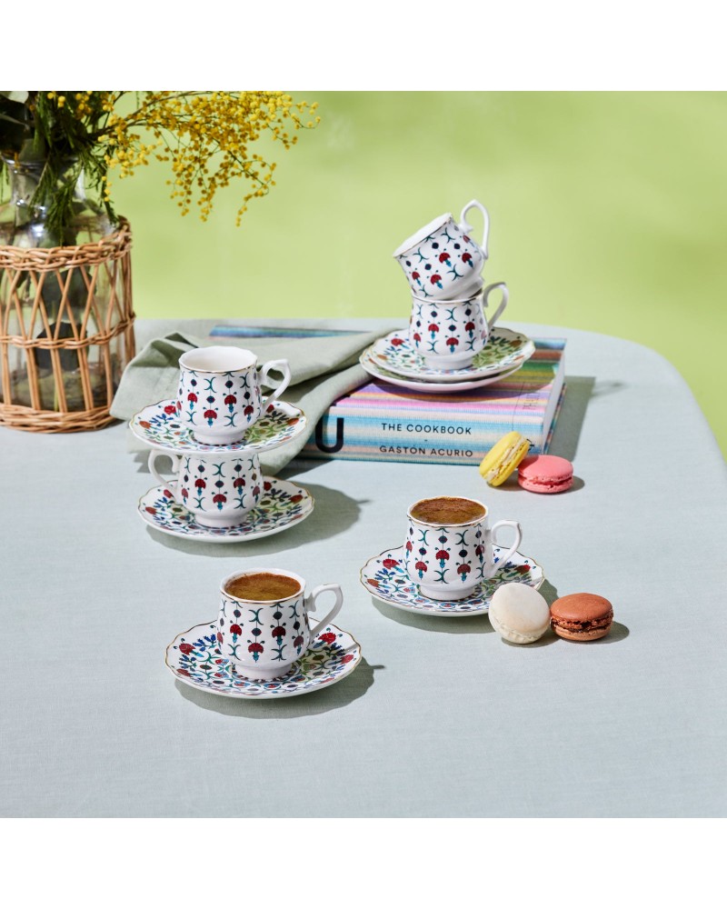 Karaca Ebruli 12-Piece Bone China Espresso Turkish Coffee Cup Set for 6 People, 90ml, Multi