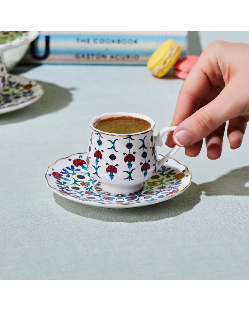 Karaca Ebruli 12-Piece Bone China Espresso Turkish Coffee Cup Set for 6 People, 90ml, Multi
