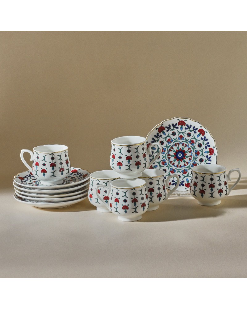 Karaca Ebruli 12-Piece Bone China Espresso Turkish Coffee Cup Set for 6 People, 90ml, Multi