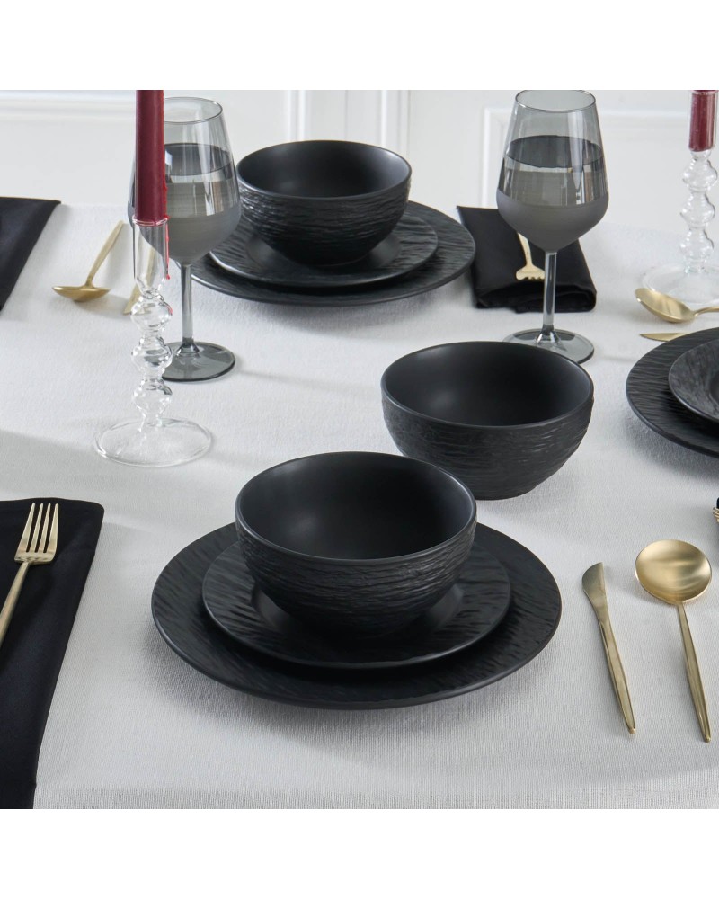 Karaca Solem Embossed 18-Piece Stoneware Dinner Set for 6 People, Black