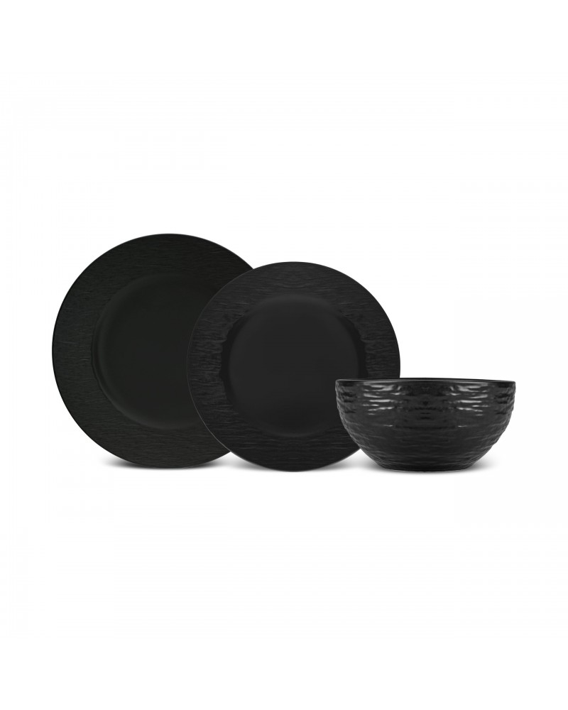 Karaca Solem Embossed 18-Piece Stoneware Dinner Set for 6 People, Black