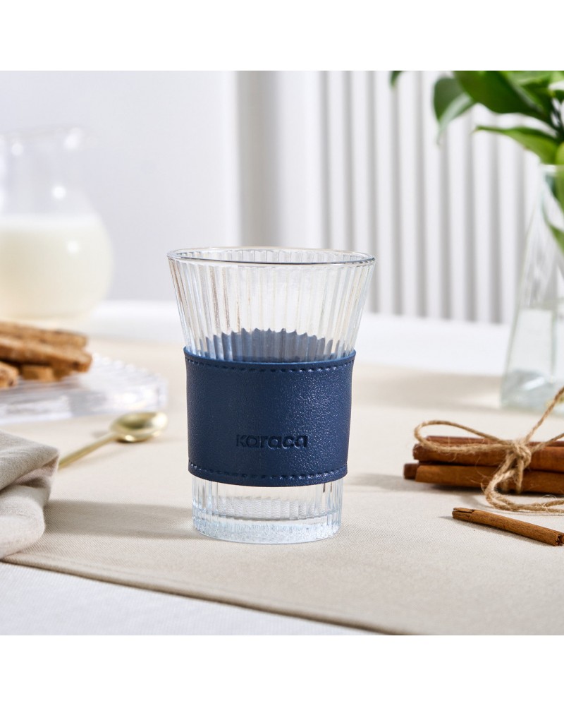 Karaca Leather Cool Touch Latte Coffee Glass, 210 Ml, Navy Blue