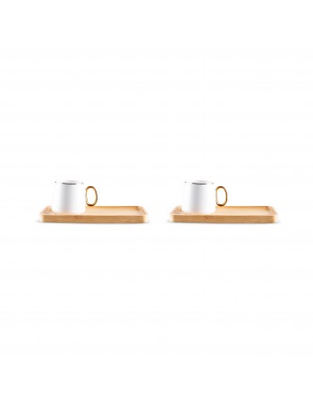 Karaca Ada 4-Piece Bone China Coffee Cup Set with Bamboo Saucer, 90ml, White