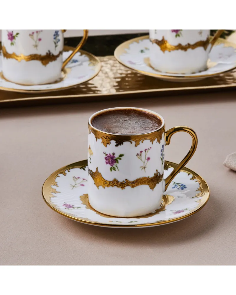 Karaca Bihter 12-Piece Bone China Espresso Turkish Coffee Cup for 6 People, 90ml, Multi